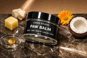 Słoik balsamu do łap dla zwierząt z naturalnymi składnikami na marmurowej powierzchni