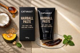 Czarna tubka i pudełko pasty na kulki włosowe Catvault z naturalnymi składnikami