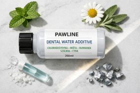 Butelka dodatku do wody dentystycznej Pawline z miętą i rumiankiem na marmurowym tle