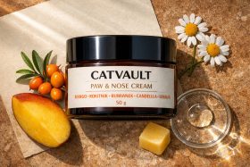 Słoik kremu do łap i nosa dla zwierząt z naturalnymi składnikami na kamiennym tle