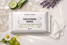 Opakowanie chusteczek do pielęgnacji z naturalnymi składnikami i świeże składniki wokół będące przykładem na wizualizacje produktowe