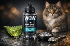 Butelka żelu nawilżającego z aloesem i miską żelu obok, kot w tle