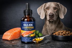 Butelka olejku z łososia dla psa i kota z kawałkiem łososia i psem w tle będąca przykładem na wizualizacje produktowe