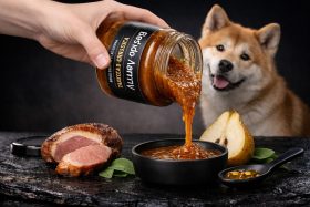 Ręka wylewa sos z słoika do miseczki, obok mięso, gruszka i pies w tle