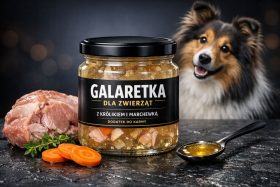 Słoik galaretki dla zwierząt z królikiem i marchewką obok psa i składników będący przykładem na wizualizacje produktowe