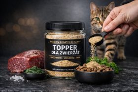 Słoik z dodatkiem do karmy dla zwierząt i miska z karmą oraz kot w tle