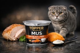 Kubek musu dla zwierząt z kurczakiem, batatem i jogurtem obok kota i składników