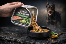 Ręka wylewa karmę dla psa ze szpinakiem do czarnej miski, w tle pies