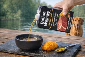 Bulion wołowy wylewany do miski na drewnianym stole z psem w tle będący przykładem na wizualizacje produktowe