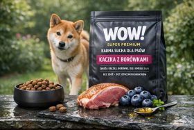 Sucha karma dla psów z kaczką i borówkami obok psa rasy Shiba Inu