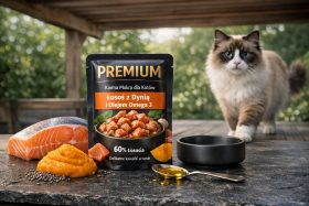 Opakowanie mokrej karmy dla kota z łososiem i dynią na stole z kotem w tle