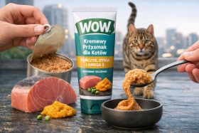 Kremowy przysmak dla kotów z tuńczykiem i dynią w tubce z otwartą puszką i kotem w tle