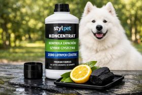 Butelka koncentratu do kontroli zapachów z cytryną i węglem aktywnym na stole, biały pies w tle