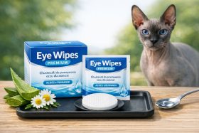 Chusteczki do przemywania oczu dla zwierząt z aloesem i rumiankiem obok kota sfinksa