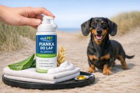 Butelka pianki do łap stylPET z dozownikiem na plaży obok psa jamnika