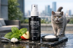 Butelka sprayu do higieny jamy ustnej dla zwierząt z miętą i jabłkiem, obok kot brytyjski krótkowłosy