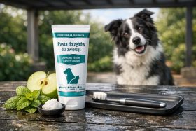 Pasta do zębów dla zwierząt z miętą i szczoteczka na stole, obok pies będąca przykładem na wizualizacje produktowe