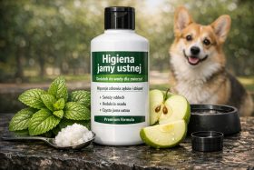 Butelka płynu do higieny jamy ustnej dla zwierząt z miętą i jabłkiem, pies w tle