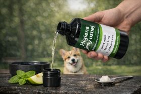 Butelka płynu do higieny jamy ustnej dla psa nalewana do nakrętki na stole