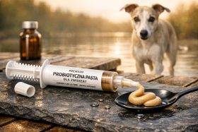 Strzykawka z probiotyczną pastą dla zwierząt na kamieniu, pies w tle nad wodą