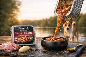 Karma dla psa kurczak z królikiem w sosie w czarnej misce z psem w tle