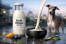 Butelka koziego mleka dla psa i miska z mlekiem obok psa na stole będąca przykładem na wizualizacje produktowe