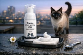 Butelka pianki do czyszczenia uszu dla zwierząt z pianą i kotem w tle