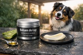 Balsam do łap dla psów i kotów z aloesem i olejem na stole, obok uśmiechnięty pies