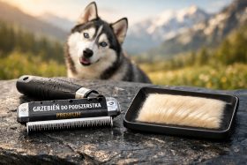 Grzebień do podszerstka z uchwytem i zebranym jasnym futrem na kamieniu