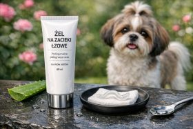 Biała tubka żelu na zacieki łzowe dla psów i kotów na kamiennym blacie z psem w tle będąca przykładem na wizualizacje produktowe