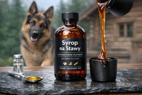 Butelka syropu na stawy dla psów z nalewanym płynem i psem w tle