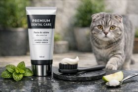 Pasta do zębów dla zwierząt z czarną szczoteczką i kotem w tle