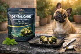 Przysmaki dentystyczne dla psów na talerzu obok opakowania i psa