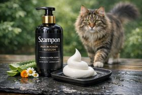 Butelka szamponu przeciw pchłom i kleszczom z pianą i kotem w tle