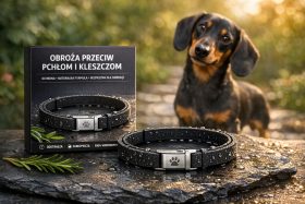 Czarna obroża przeciw pchłom i kleszczom z metalową klamrą i pies w tle będąca przykładem na wizualizacje produktowe