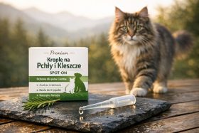 Krople na pchły i kleszcze dla psów i kotów z kroplomierzem i kotem w tle