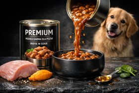 Karma mokra dla psa z indykiem w sosie w czarnej misce i puszce, obok surowe mięso i składniki będąca przykładem na wizualizacje produktowe