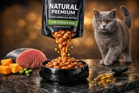 Karma mokra dla kotów z tuńczykiem w sosie w czarnej misce z szarym kotem w tle