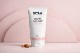 Biała tubka kremowego oczyszczacza z olejem migdałowym na różowym tle