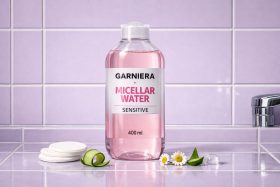 Butelka różowej wody micelarnej Garnier na fioletowej płytce łazienkowej