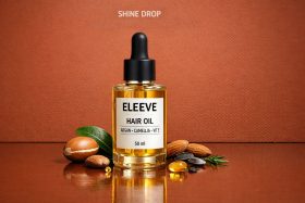 Butelka olejku do włosów ELEEVE z pipetą i orzechami na brązowym tle będąca przykładem na wizualizacje produktowe