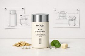 Butelka kremu nawilżającego Simplex z metalową nakrętką i naturalnymi składnikami
