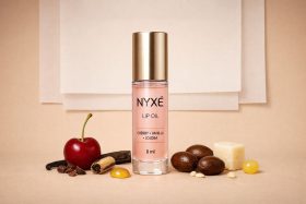 Butelka olejku do ust NYXÉ z wiśnią, wanilią i jojobą na beżowym będąca przykładem na wizualizacje produktowe