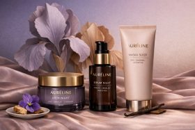 Zestaw kosmetyków Auréline do pielęgnacji nocnej na satynowym tle z kwiatami