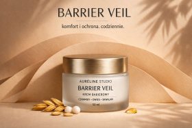 Słoik kremu barierowego Barrier Veil z metalową zakrętką na beżowym tle