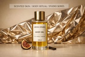 Butelka olejku do ciała Ardea Studio z figą i wanilią na tle złotego materiału będąca przykładem na wizualizacje produktowe