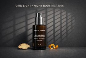 Brązowa butelka serum z pompką na ciemnym tle z napisem Grid Light Night Routine będąca przykładem na wizualizacje produktowe