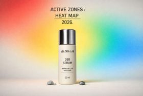 Butelka serum Deo Serum Velora Lab z metalową nakrętką na kolorowym tle