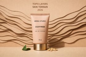 Tubka maski do twarzy Ardea Studio Calm Mask z aloesem i owsem na tle falistych warstw papieru będąca przykładem na wizualizacje produktowe