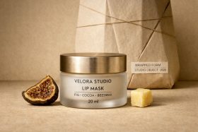 Słoik z maską do ust Velora Studio z figą, kakao i woskiem pszczelim na beżowym tle